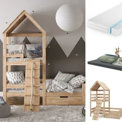 Hausbett Teddy Naturholz 90x200 cm mit 2 Matratzen und Schublade Vitalispa