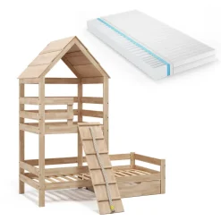 Hausbett Teddy Naturholz 90x200 cm mit Matratze und Schublade Vitalispa