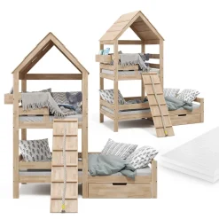 Hausbett Teddy Naturholz 90x200 cm mit Matratze und Schublade Vitalispa