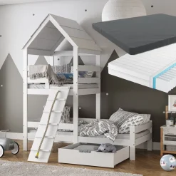 Hausbett Teddy Weiß 90x200 cm mit 2 Matratzen und Schublade Vitalispa