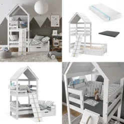 Hausbett Teddy Weiß 90x200 cm mit 2 Matratzen und Schublade Vitalispa
