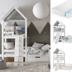 Hausbett Teddy Weiß 90x200 cm mit Matratze und Schublade Vitalispa