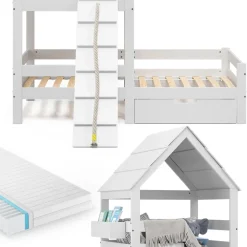 Hausbett Teddy Weiß 90x200 cm mit Matratze und Schublade Vitalispa