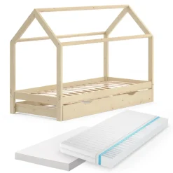 Hausbett Wiki Naturholz 90x200 cm mit Gästebett und 2 Matratzen Vitalispa