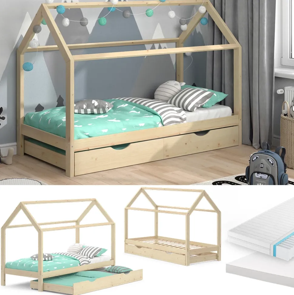 Hausbett Wiki Naturholz 90x200 cm mit Gästebett und 2 Matratzen Vitalispa