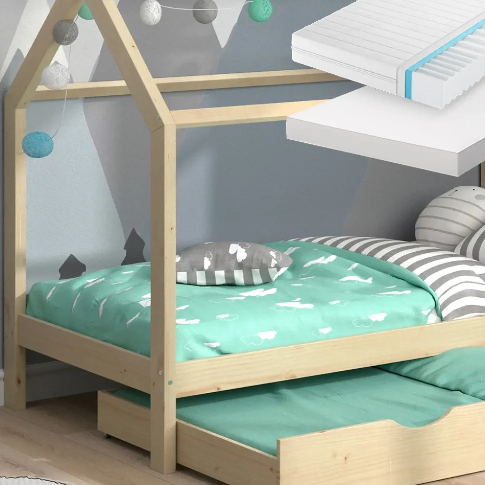 Hausbett Wiki Naturholz 90x200 cm mit Gästebett und 2 Matratzen Vitalispa