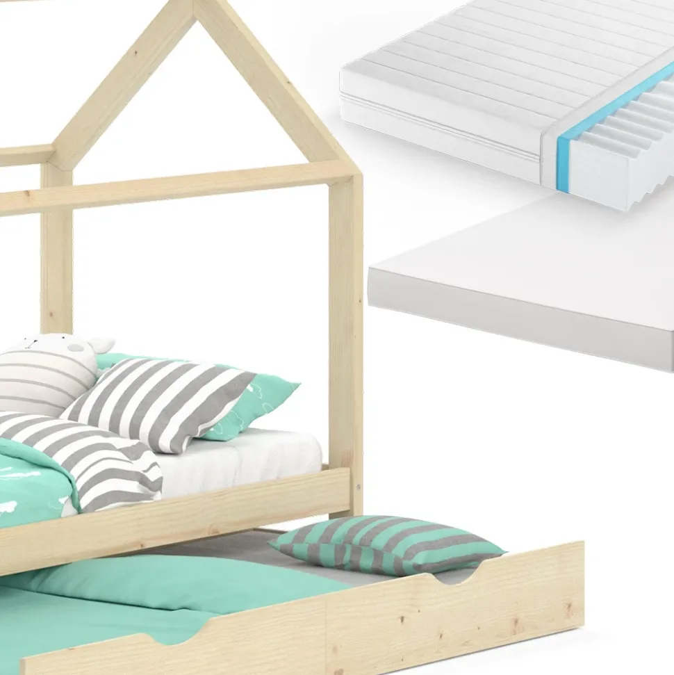 Hausbett Wiki Naturholz 90x200 cm mit Gästebett und 2 Matratzen Vitalispa