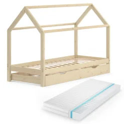 Hausbett Wiki Naturholz 90x200 cm mit Gästebett und Matratze Vitalispa