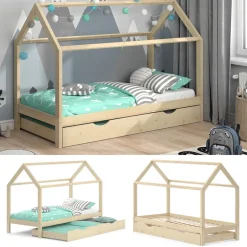 Hausbett Wiki Naturholz 90x200 cm mit Gästebett Vitalispa