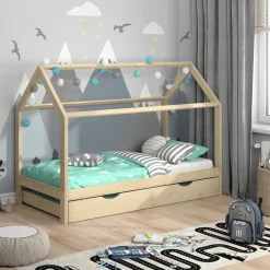 Hausbett Wiki Naturholz 90x200 cm mit Gästebett Vitalispa