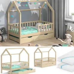 Hausbett Wiki Naturholz 80x160 cm mit Gästebett und 2 Matratzen Vitalispa