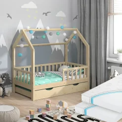 Hausbett Wiki Naturholz 80x160 cm mit Gästebett und 2 Matratzen Vitalispa