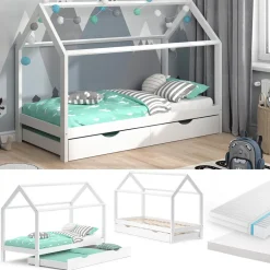 Hausbett Wiki Weiß 90x200 cm mit Gästebett und 2 Matratzen Vitalispa
