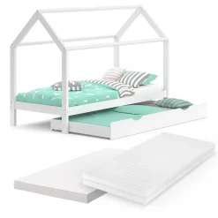 Hausbett Wiki Weiß 90x200 cm mit Gästebett und 2 Matratzen Vitalispa