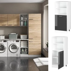 Hochschrank R-Line Anthrazit Hochglanz 60 cm mit offenen Regalen, und Tür Vicco