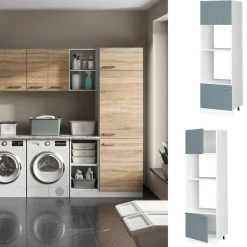 Hochschrank R-Line Blau-Grau 60 cm mit offenen Regalen, und Türen Vicco