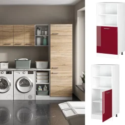 Hochschrank R-Line Bordeaux Hochglanz 60 cm mit offenen Regalen, und Tür Vicco