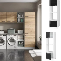 Hochschrank R-Line Schwarz Hochglanz 60 cm mit offenen Regalen, und Türen Vicco