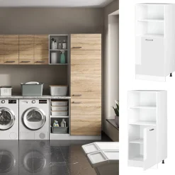 Hochschrank R-Line Weiß Hochglanz 60 cm mit offenen Regalen, und Tür Vicco