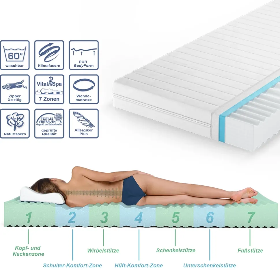 Kaltschaummatratze Weiß 90 x 200 cm H2 Härtegrad, 7Zonen Vitalispa
