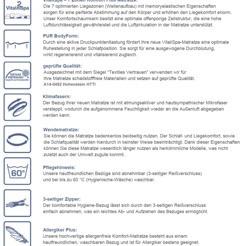 Kaltschaummatratze Weiß 90 x 200 cm H2 Härtegrad, 7Zonen Vitalispa