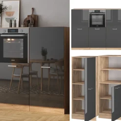 Küchenblock R-Line Anthrazit Hochglanz/Goldkraft Eiche 180 cm ohne Arbeitsplatte Vicco