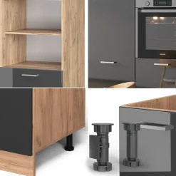 Küchenblock R-Line Anthrazit Hochglanz/Goldkraft Eiche 180 cm ohne Arbeitsplatte Vicco