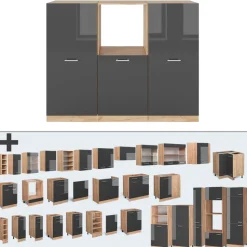 Küchenblock R-Line Anthrazit Hochglanz/Goldkraft Eiche 180 cm ohne Arbeitsplatte Vicco