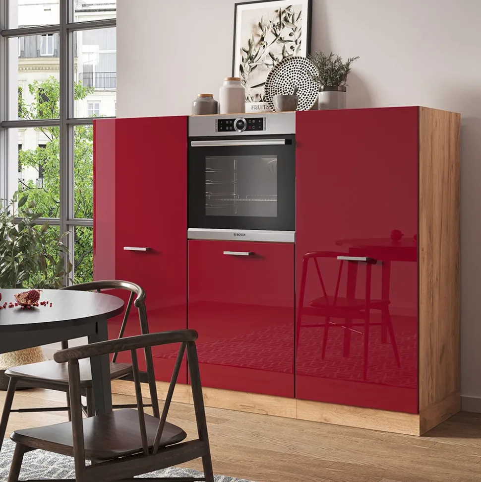 Küchenblock R-Line Rot Hochglanz/Goldkraft Eiche 180 cm ohne Arbeitsplatte Vicco