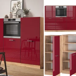 Küchenblock R-Line Rot Hochglanz/Goldkraft Eiche 180 cm ohne Arbeitsplatte Vicco