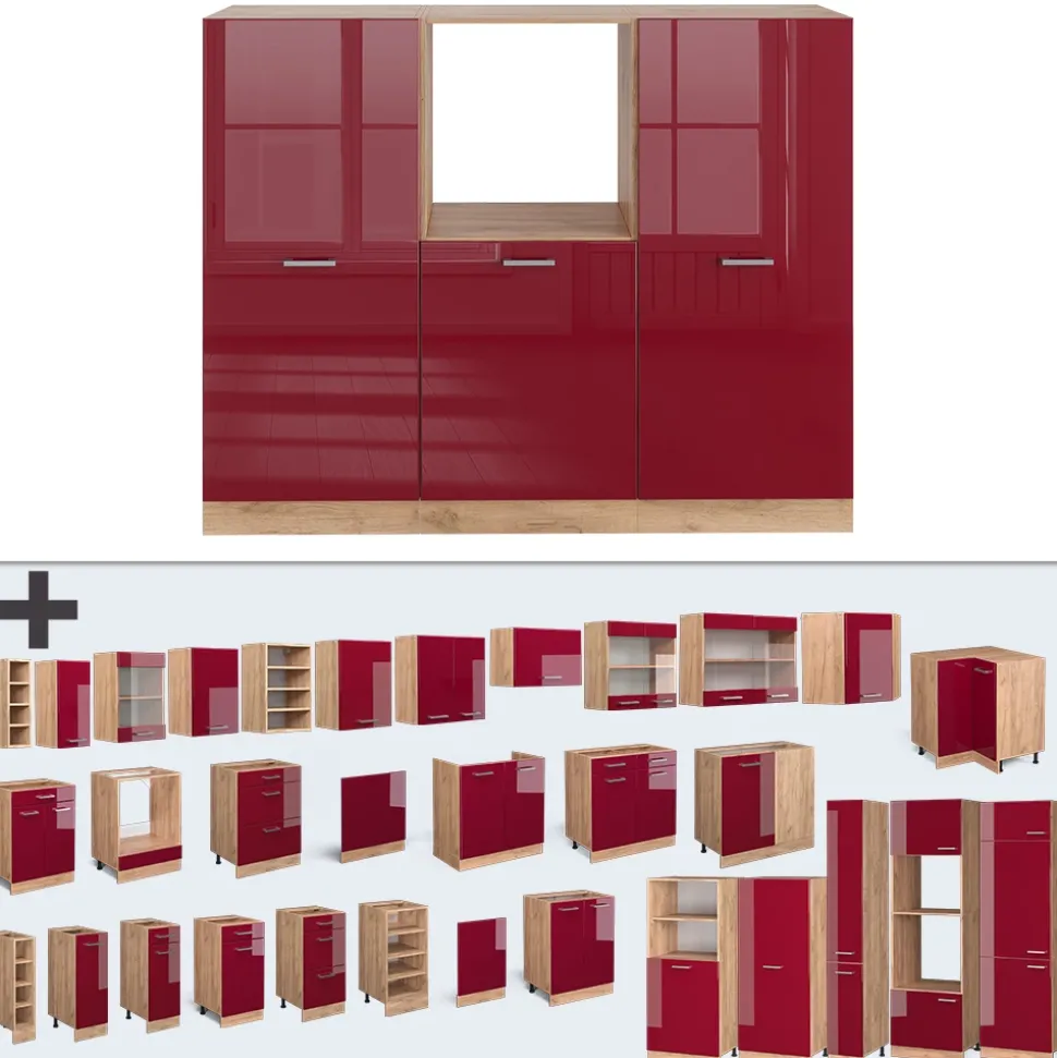 Küchenblock R-Line Rot Hochglanz/Goldkraft Eiche 180 cm ohne Arbeitsplatte Vicco