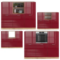 Küchenblock R-Line Rot Hochglanz/Goldkraft Eiche 180 cm ohne Arbeitsplatte Vicco