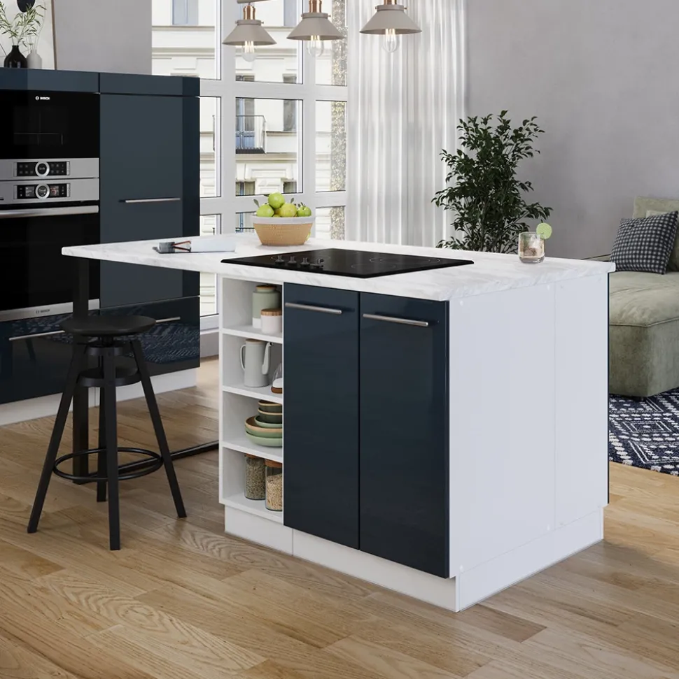 Kücheninsel Fame-Line Dunkelblau Hochglanz 90 cm ohne Arbeitsplatte Vicco