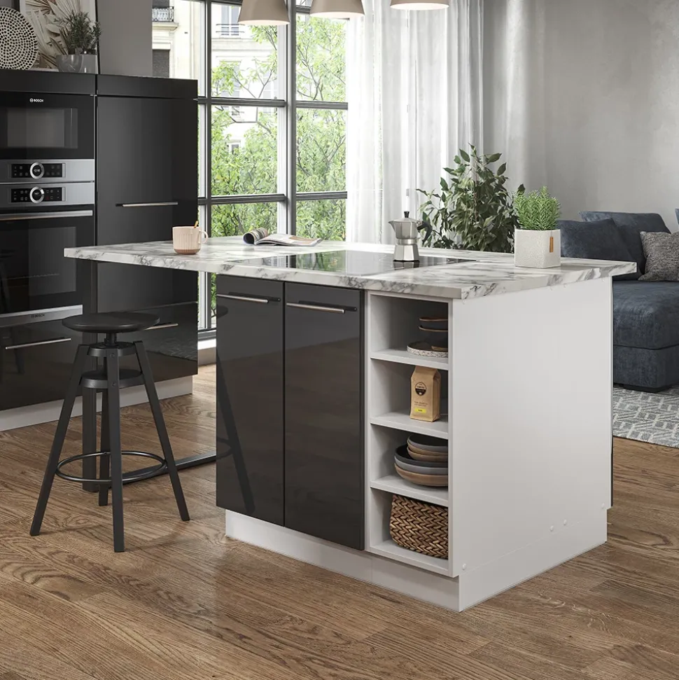 Kücheninsel Fame-Line Anthrazit Hochglanz/Weiß 90 cm ohne Arbeitsplatte Vicco