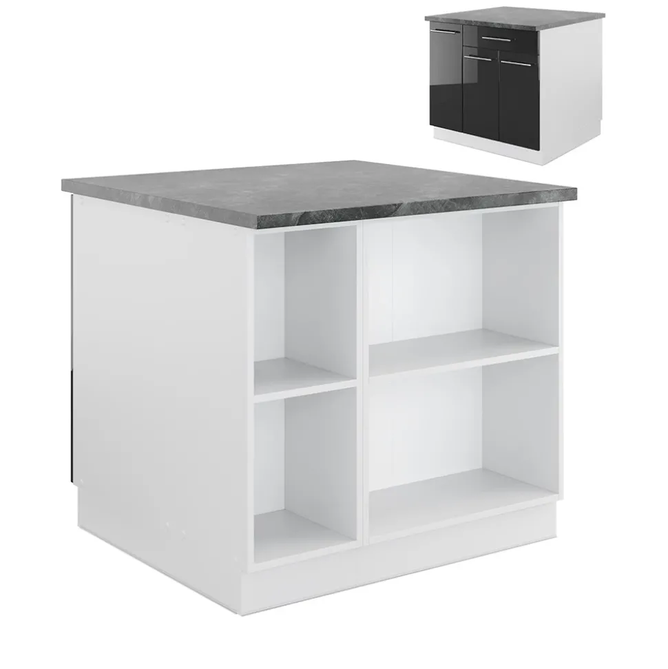Kücheninsel Fame-Line Anthrazit Hochglanz/Weiß 90 cm mit Schublade, ohne Arbeitsplatte Vicco