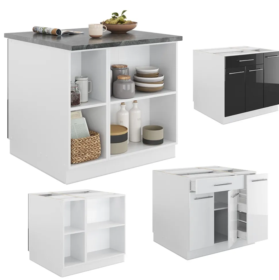 Kücheninsel Fame-Line Anthrazit Hochglanz/Weiß 90 cm mit Schublade, ohne Arbeitsplatte Vicco