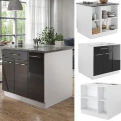 Kücheninsel Fame-Line Anthrazit Hochglanz/Weiß 90 cm mit Schublade, ohne Arbeitsplatte Vicco
