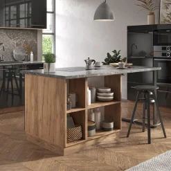 Kücheninsel Fame-Line Anthrazit Hochglanz/Goldkraft Eiche 90 cm mit Schublade, ohne Arbeitsplatte Vicco