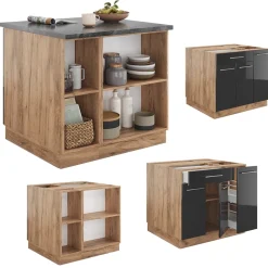 Kücheninsel Fame-Line Anthrazit Hochglanz/Goldkraft Eiche 90 cm mit Schublade, ohne Arbeitsplatte Vicco