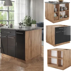 Kücheninsel Fame-Line Anthrazit Hochglanz/Goldkraft Eiche 90 cm mit Schublade, ohne Arbeitsplatte Vicco