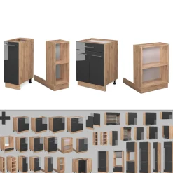 Kücheninsel Fame-Line Anthrazit Hochglanz/Goldkraft Eiche 90 cm mit Schublade, ohne Arbeitsplatte Vicco