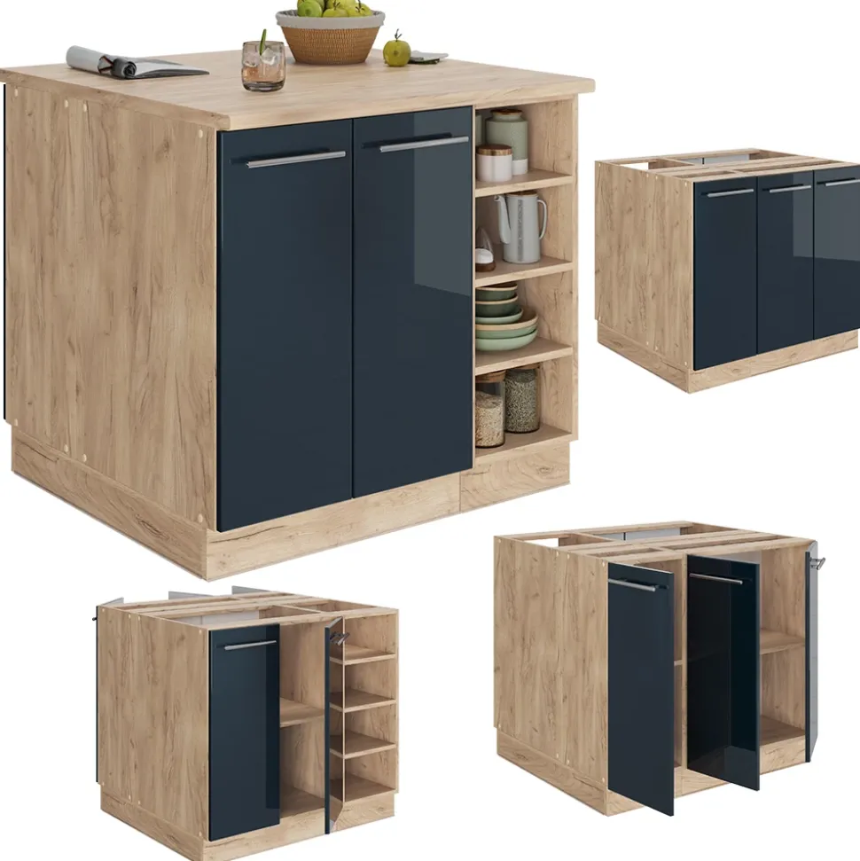 Kücheninsel Fame-Line Dunkelblau Hochglanz 90 cm ohne Arbeitsplatte Vicco