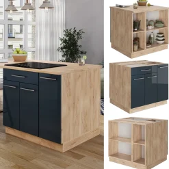 Kücheninsel Fame-Line Dunkelblau Hochglanz 90 cm mit Schublade, ohne Arbeitsplatte Vicco