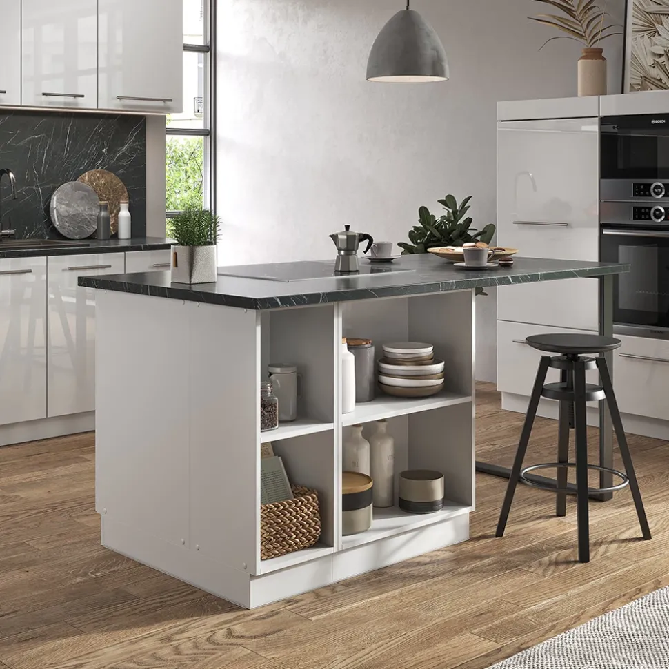 Kücheninsel Fame-Line Weiß Hochglanz/Weiß 90 cm mit Schublade, ohne Arbeitsplatte Vicco