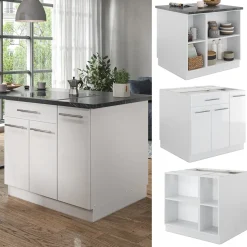 Kücheninsel Fame-Line Weiß Hochglanz/Weiß 90 cm mit Schublade, ohne Arbeitsplatte Vicco