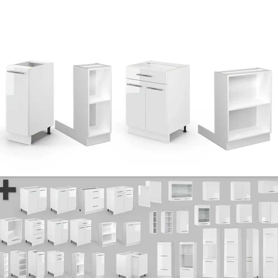 Kücheninsel Fame-Line Weiß Hochglanz/Weiß 90 cm mit Schublade, ohne Arbeitsplatte Vicco