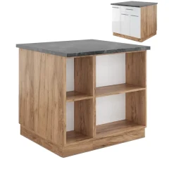 Kücheninsel Fame-Line Weiß Hochglanz/Goldkraft Eiche 90 cm mit Schublade, ohne Arbeitsplatte Vicco