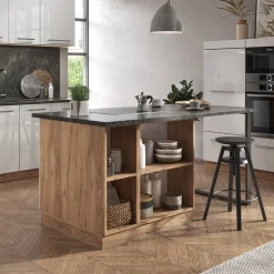 Kücheninsel Fame-Line Weiß Hochglanz/Goldkraft Eiche 90 cm mit Schublade, ohne Arbeitsplatte Vicco