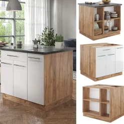 Kücheninsel Fame-Line Weiß Hochglanz/Goldkraft Eiche 90 cm mit Schublade, ohne Arbeitsplatte Vicco