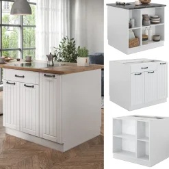 Kücheninsel Fame-Line Weiß Landhaus/Weiß 90 cm mit Schublade, ohne Arbeitsplatte Vicco